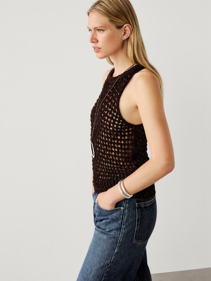 Massimo Dutti Cotton Blend Cutwork Women Top Dark Brown | US-NX5871469