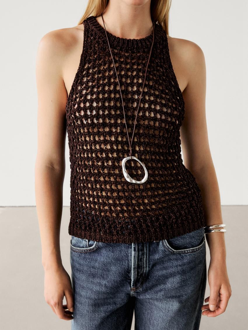 Massimo Dutti Cotton Blend Cutwork Women Top Dark Brown | US-NX5871469