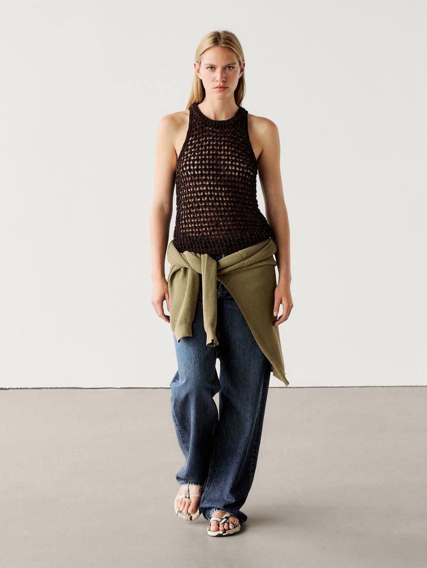 Massimo Dutti Cotton Blend Cutwork Women Top Dark Brown | US-NX5871469