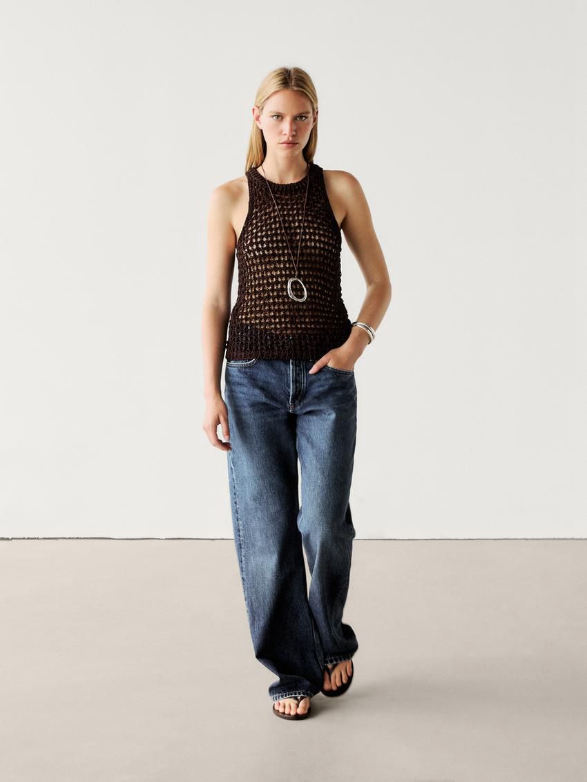 Massimo Dutti Cotton Blend Cutwork Women Top Dark Brown | US-NX5871469