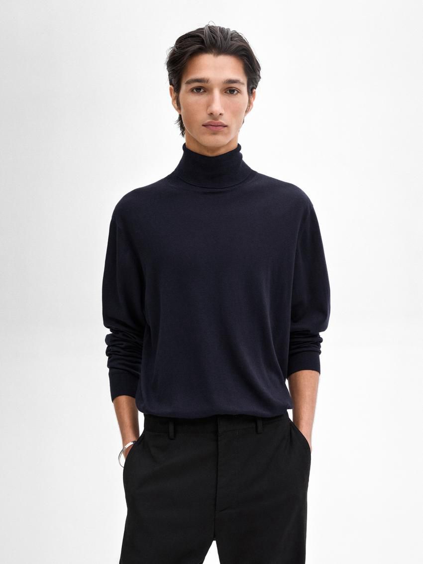 Massimo Dutti Cotton Blend High Neck Men Sweater Navy | US-AX0526894