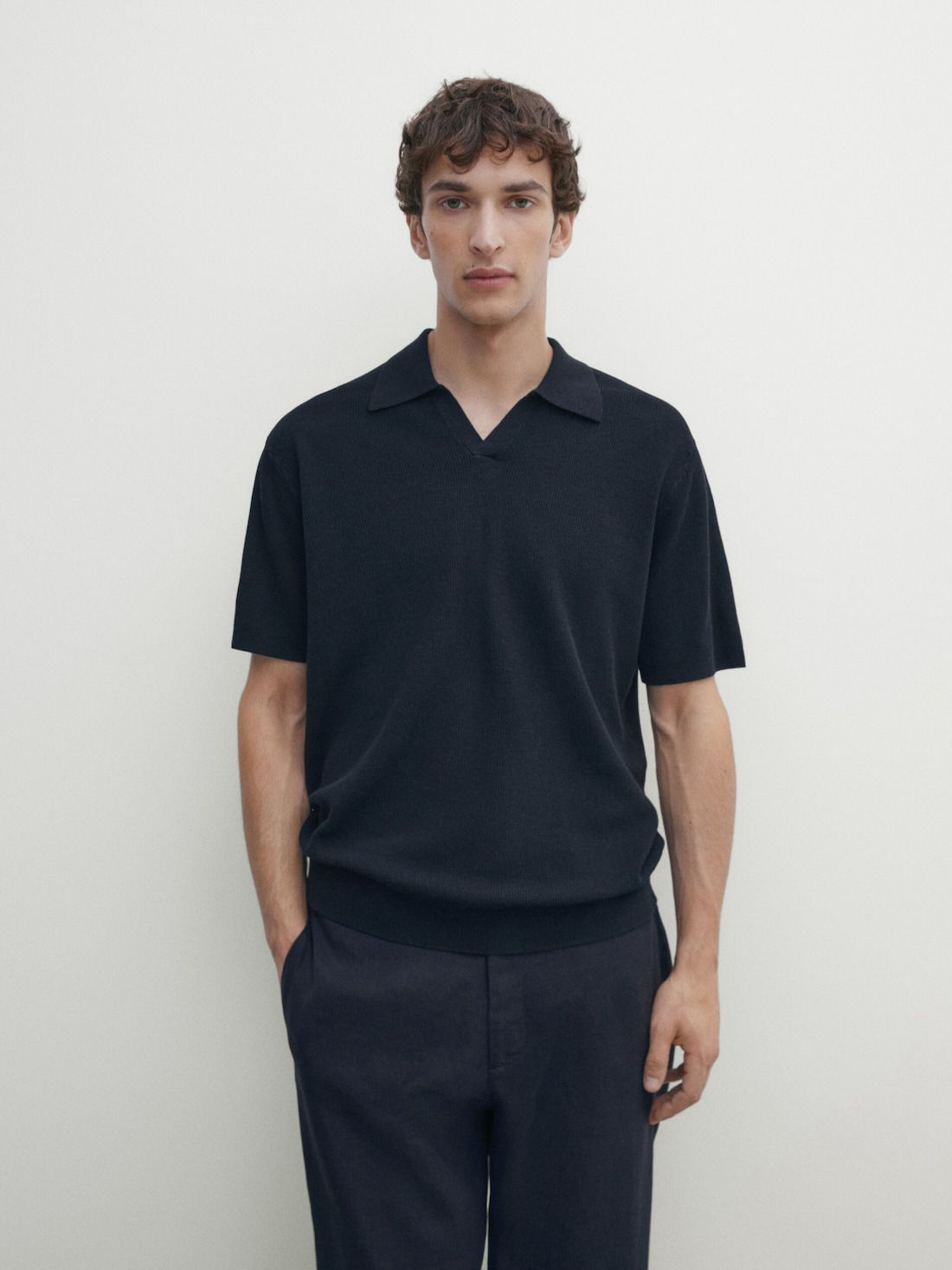 Massimo Dutti Cotton Blend Knit Men Polo Shirt Navy | US-CW5032879