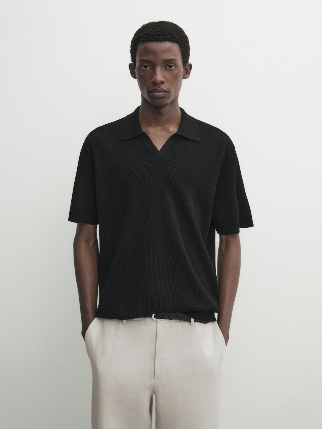 Massimo Dutti Cotton Blend Knit Men Polo Shirt Black | US-SJ5274803