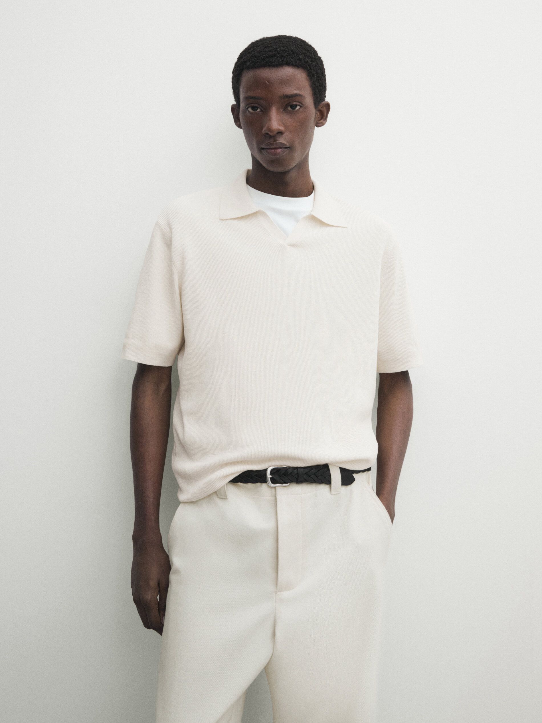 Massimo Dutti Cotton Blend Knit Men Polo Shirt Cream | US-BD5238196