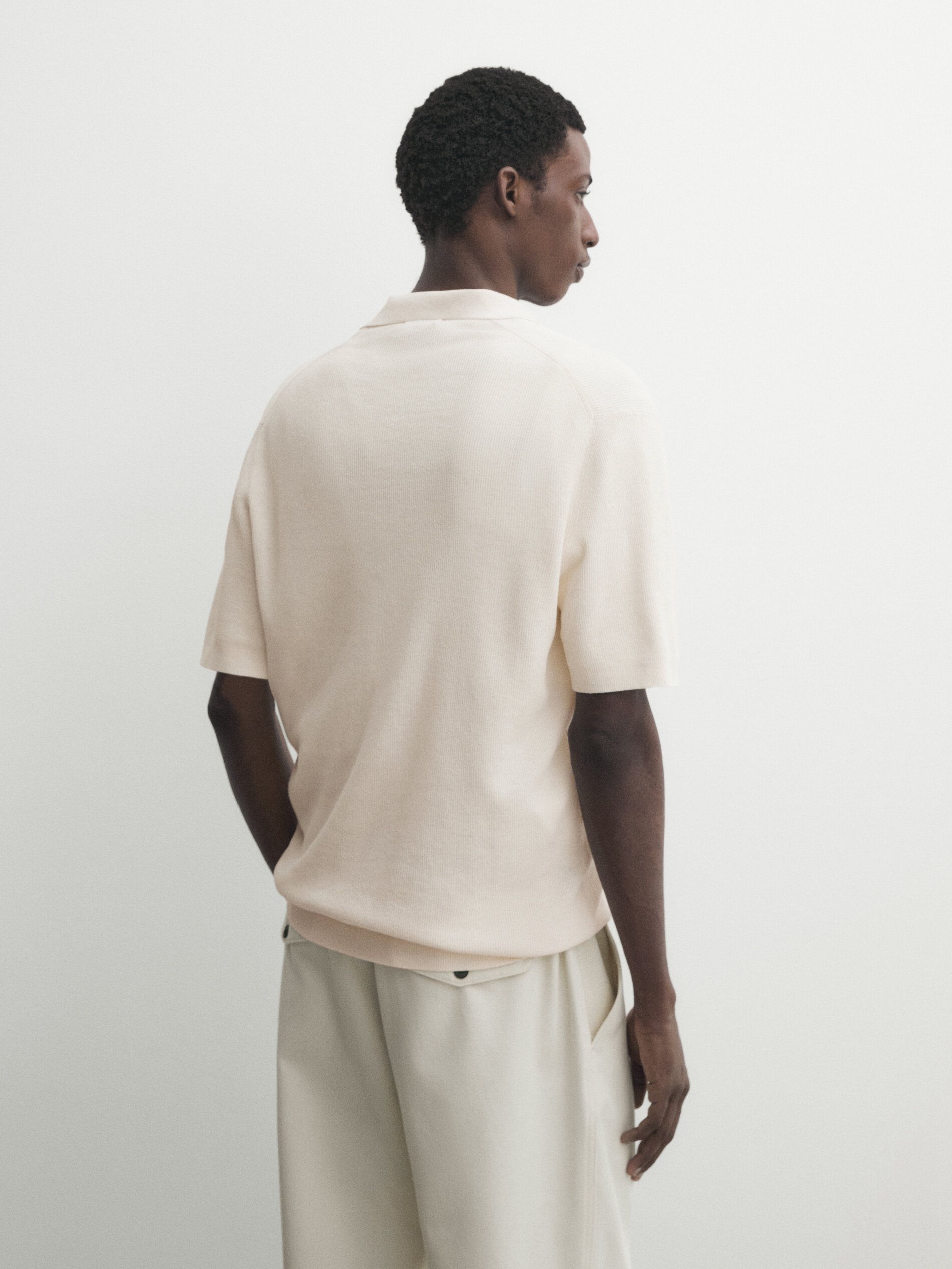 Massimo Dutti Cotton Blend Knit Men Polo Shirt Cream | US-BD5238196