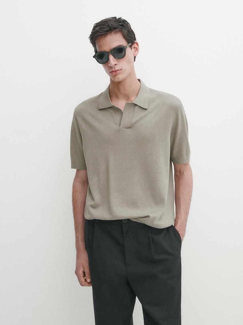 Massimo Dutti Cotton Blend Knit Men Polo Shirt Light Khaki | US-HX8724650