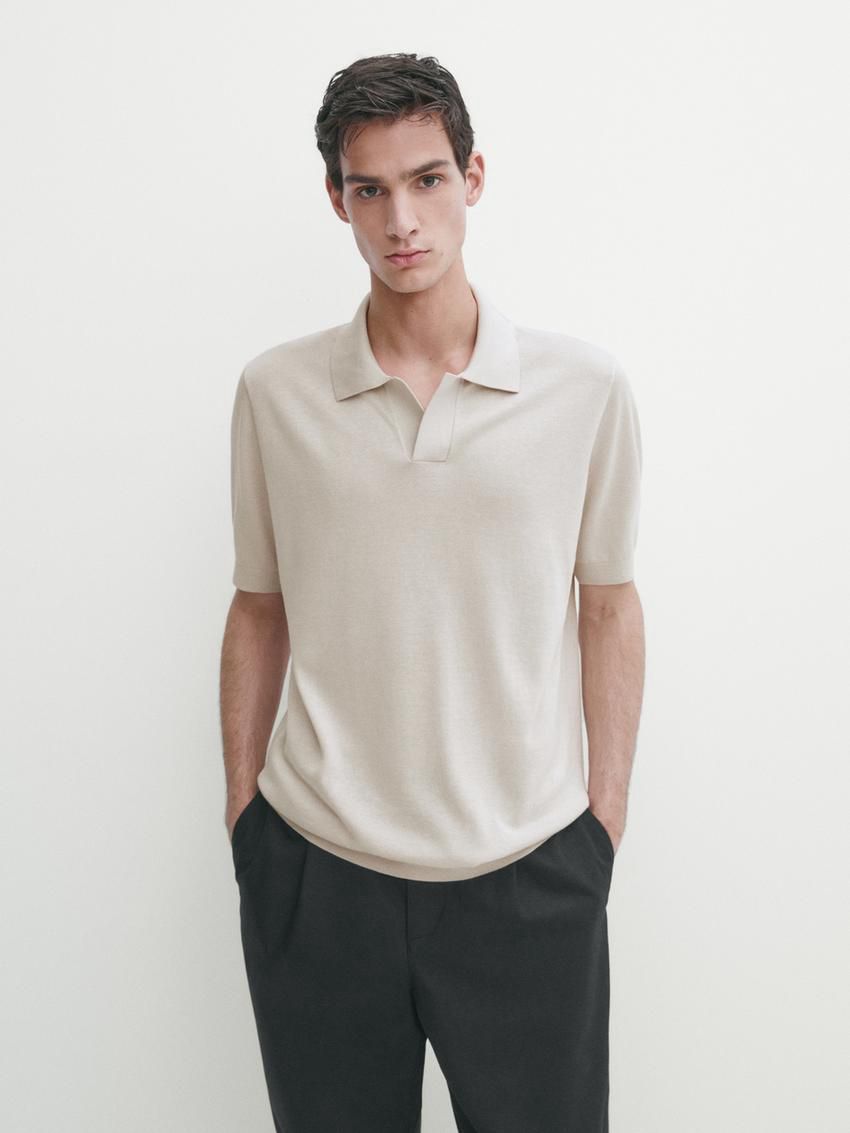 Massimo Dutti Cotton Blend Knit Men Polo Shirt Beige | US-JG2846710