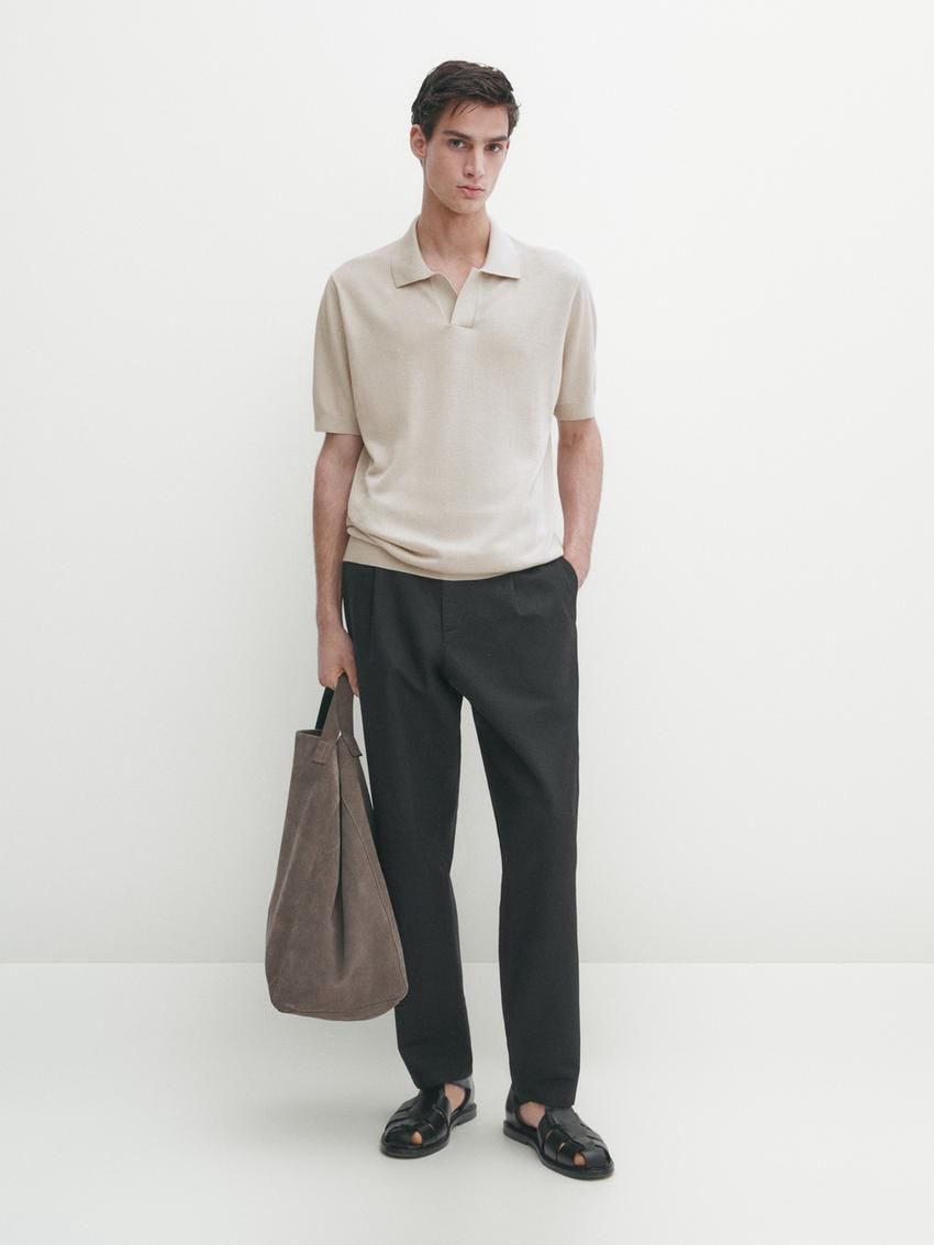 Massimo Dutti Cotton Blend Knit Men Polo Shirt Beige | US-JG2846710