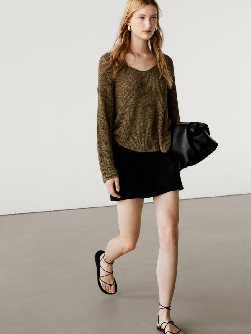 Massimo Dutti Cotton Blend Knit V-neck Women Sweater Olive | US-RE6805931