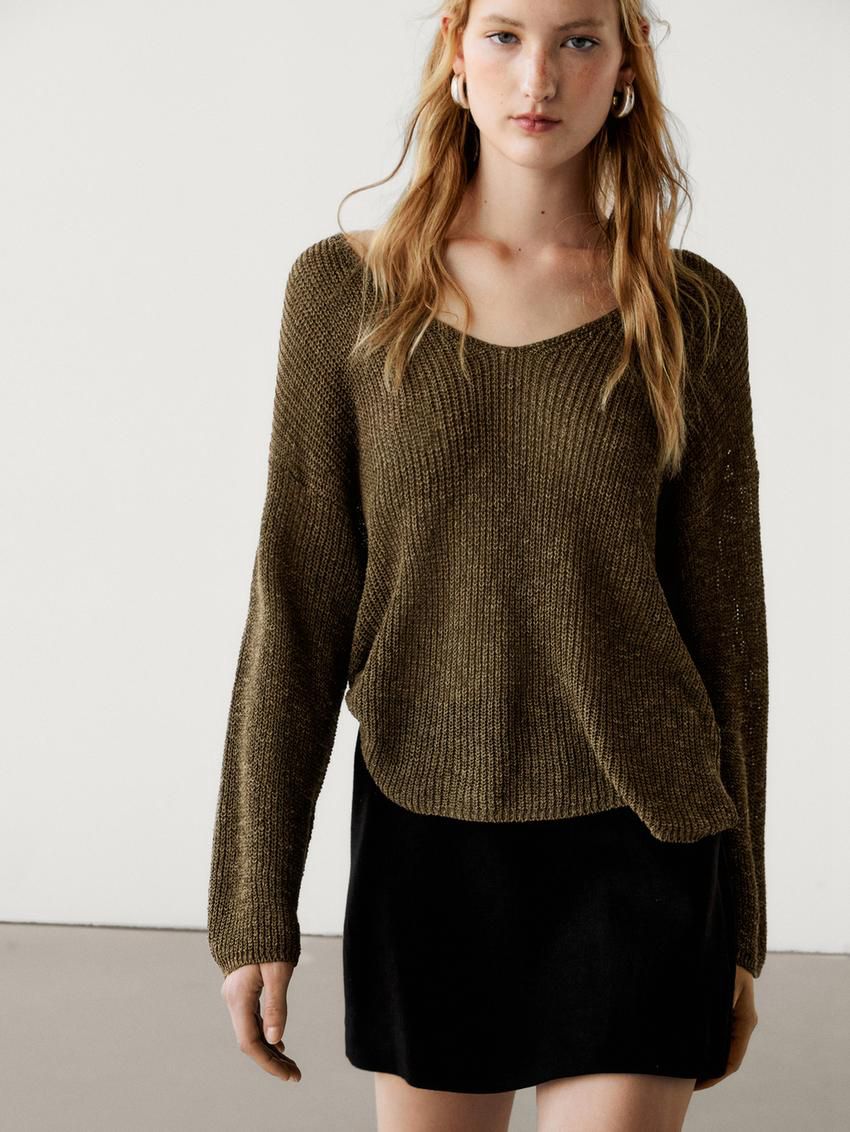 Massimo Dutti Cotton Blend Knit V-neck Women Sweater Olive | US-RE6805931