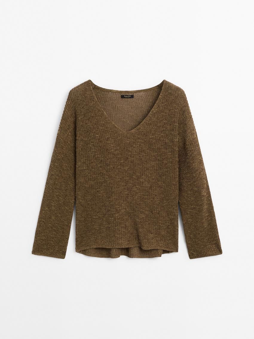 Massimo Dutti Cotton Blend Knit V-neck Women Sweater Olive | US-RE6805931