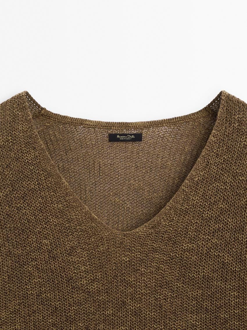 Massimo Dutti Cotton Blend Knit V-neck Women Sweater Olive | US-RE6805931
