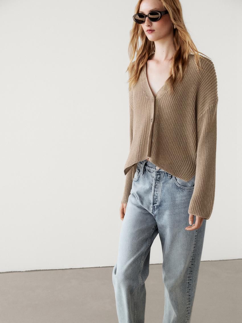 Massimo Dutti Cotton Blend Knit Women Cardigan Khaki | US-PV7459126