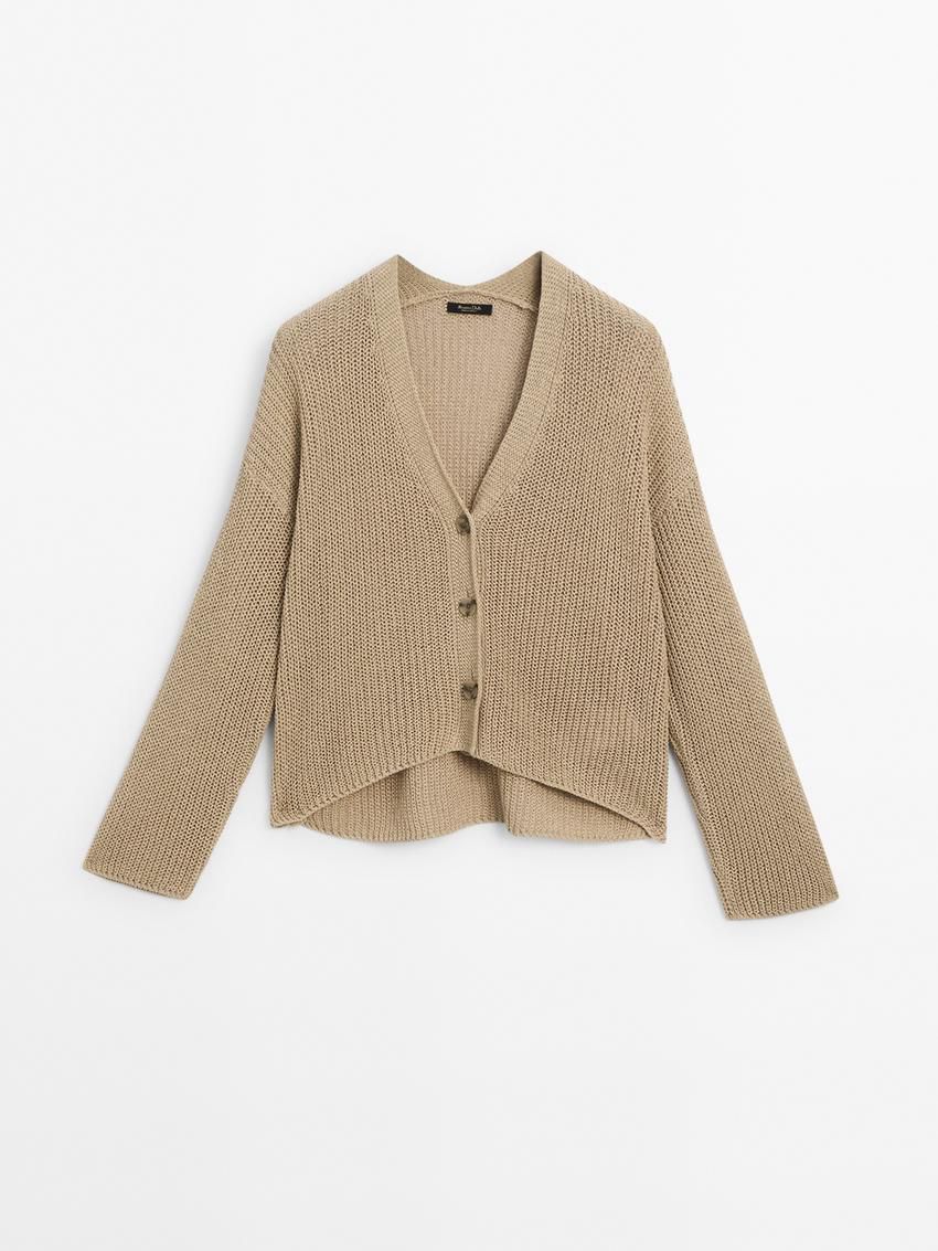 Massimo Dutti Cotton Blend Knit Women Cardigan Khaki | US-PV7459126
