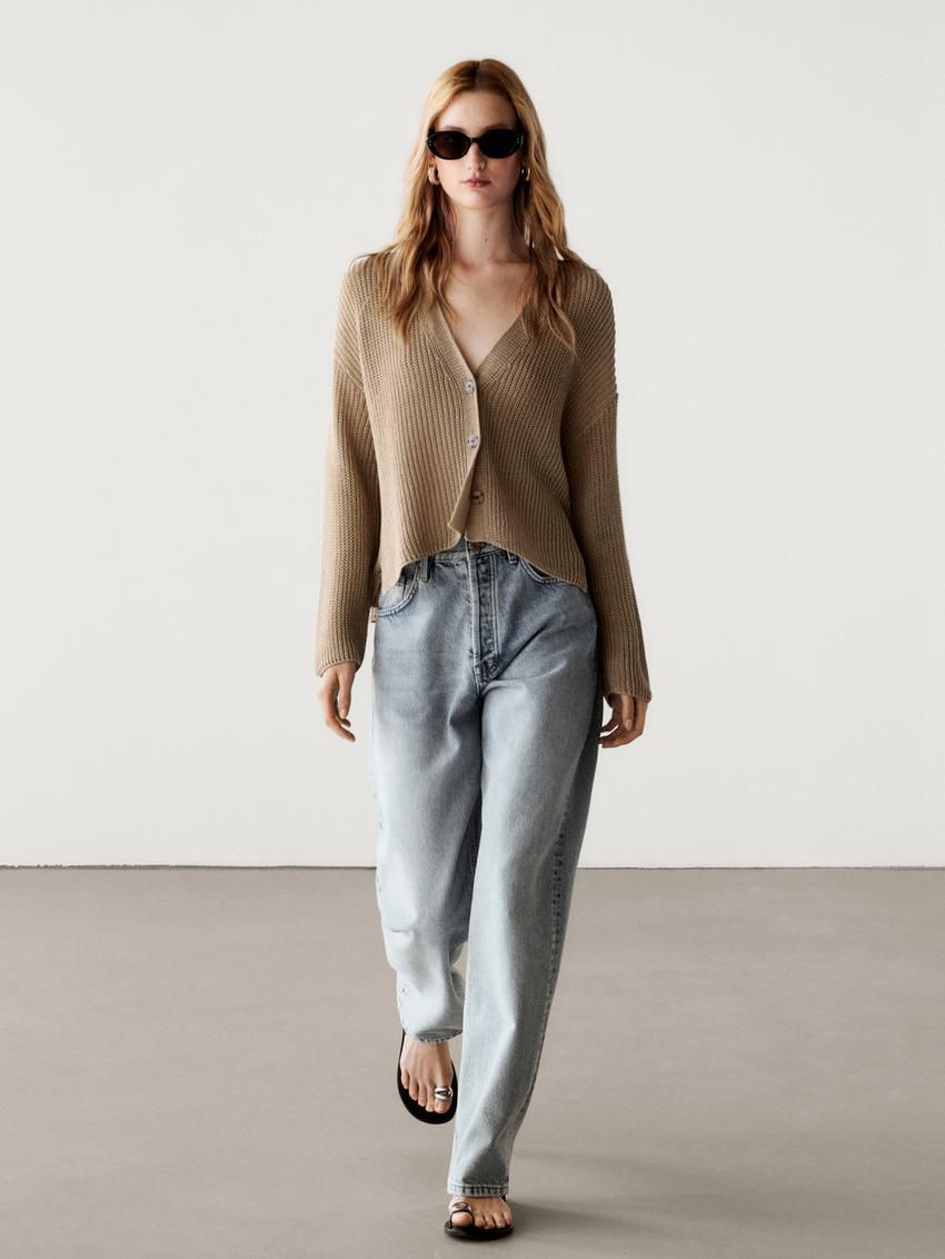Massimo Dutti Cotton Blend Knit Women Cardigan Khaki | US-PV7459126