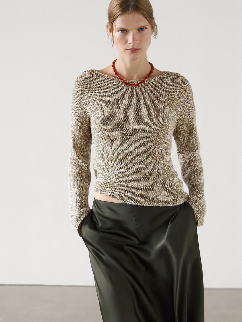 Massimo Dutti Cotton Blend Melange Knit Women Sweater Khaki | US-ST1872063