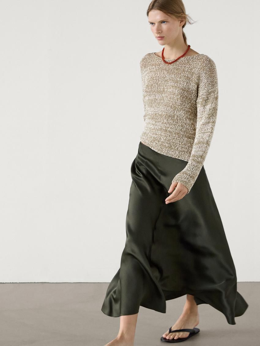 Massimo Dutti Cotton Blend Melange Knit Women Sweater Khaki | US-ST1872063