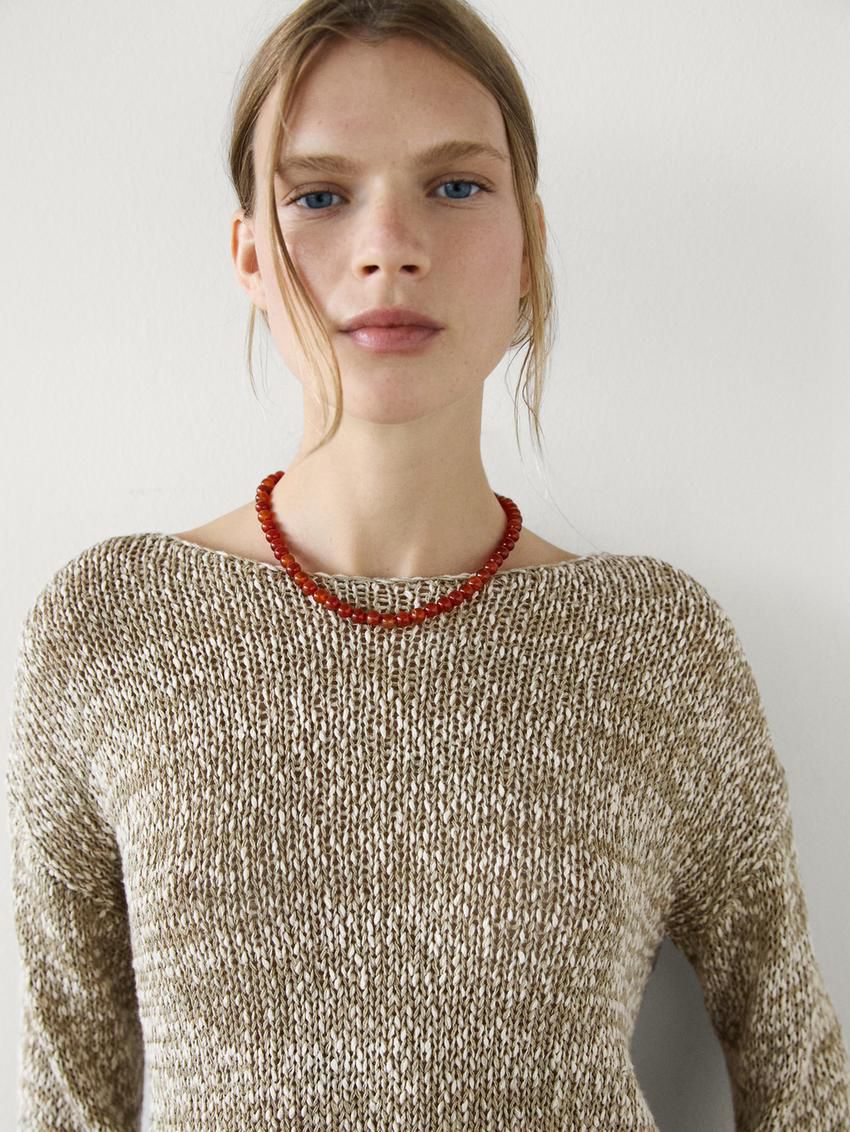 Massimo Dutti Cotton Blend Melange Knit Women Sweater Khaki | US-ST1872063
