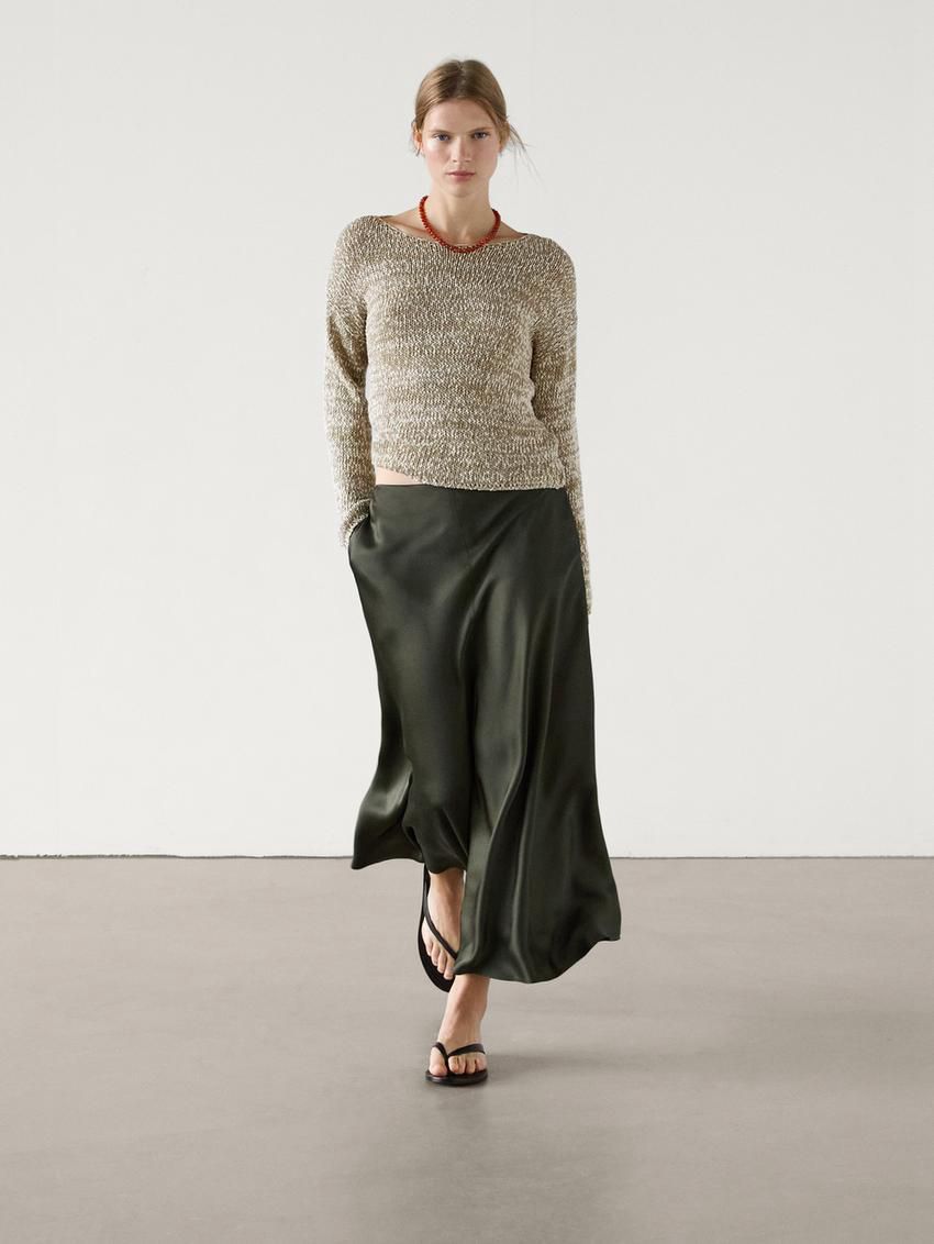 Massimo Dutti Cotton Blend Melange Knit Women Sweater Khaki | US-ST1872063