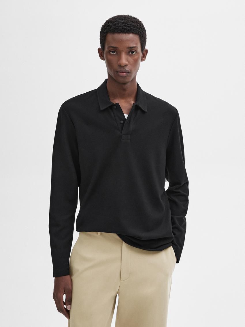 Massimo Dutti Cotton Blend Polo Knit Men Jumpers Black | US-NO0924816