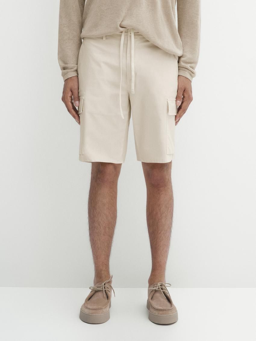 Massimo Dutti Cotton Blend Poplin Cargo Bermuda Men Shorts Beige | US-QD6587294