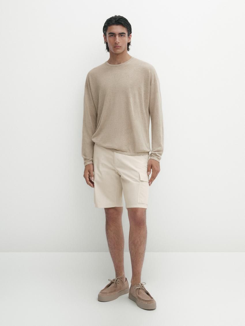 Massimo Dutti Cotton Blend Poplin Cargo Bermuda Men Shorts Beige | US-QD6587294