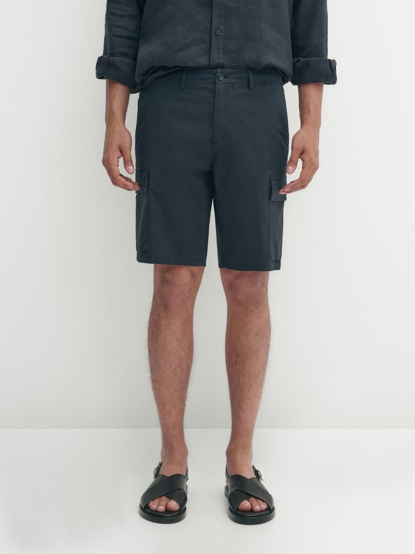 Massimo Dutti Cotton Blend Poplin Cargo Bermuda Men Shorts Navy | US-BU5320684