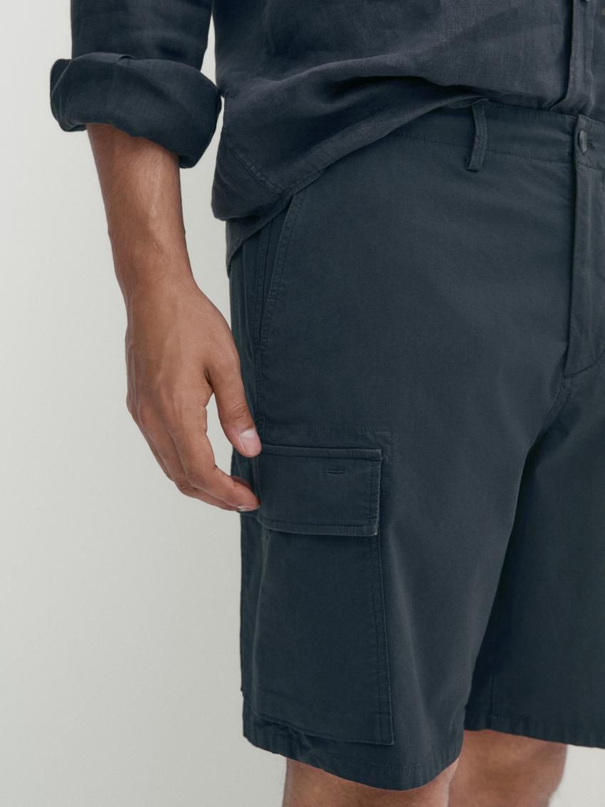 Massimo Dutti Cotton Blend Poplin Cargo Bermuda Men Shorts Navy | US-BU5320684