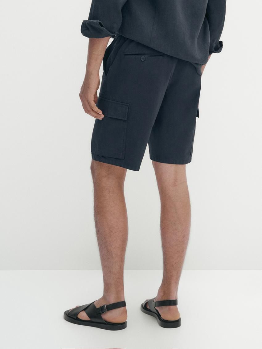 Massimo Dutti Cotton Blend Poplin Cargo Bermuda Men Shorts Navy | US-BU5320684