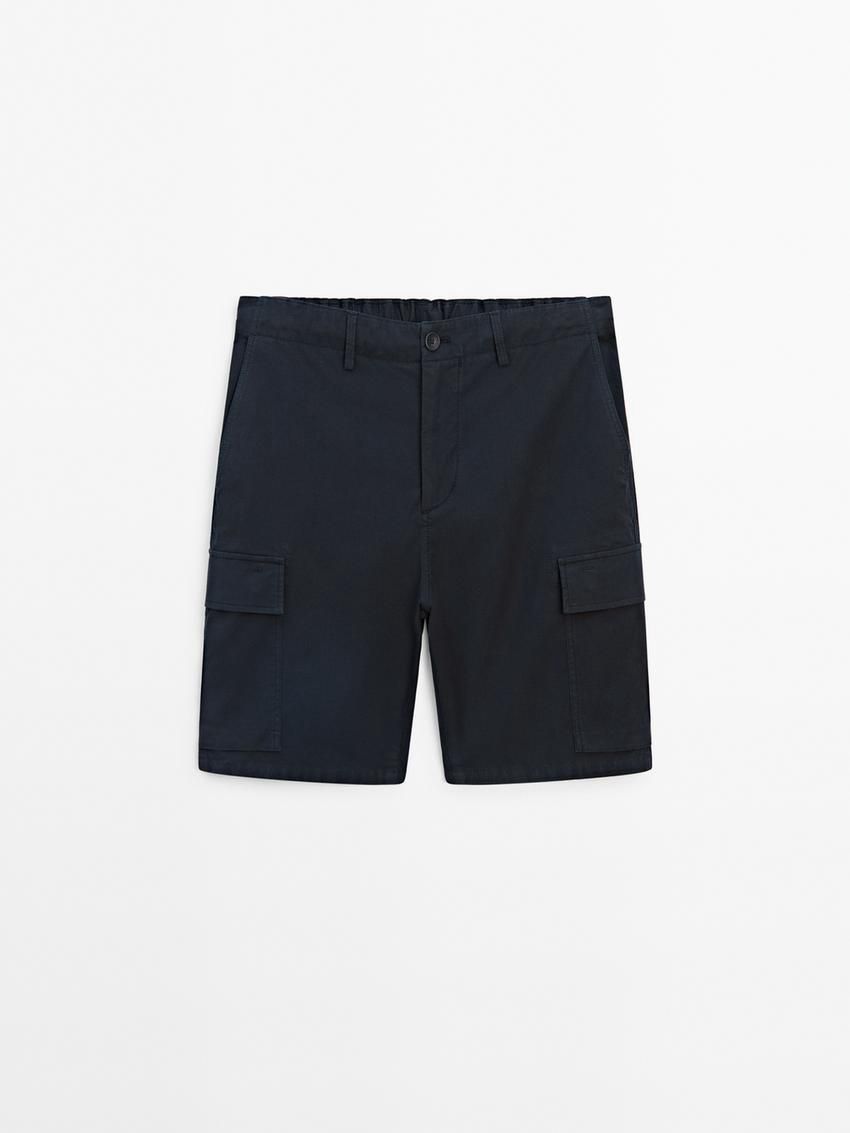 Massimo Dutti Cotton Blend Poplin Cargo Bermuda Men Shorts Navy | US-BU5320684