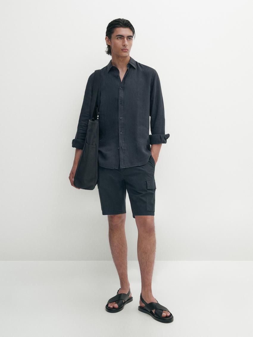 Massimo Dutti Cotton Blend Poplin Cargo Bermuda Men Shorts Navy | US-BU5320684