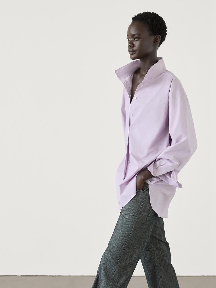 Massimo Dutti Cotton Blend Poplin Oversize Women Blouse Light Purple | US-CL5203491