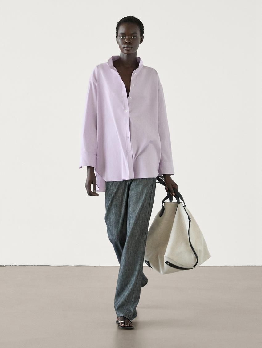 Massimo Dutti Cotton Blend Poplin Oversize Women Blouse Light Purple | US-CL5203491