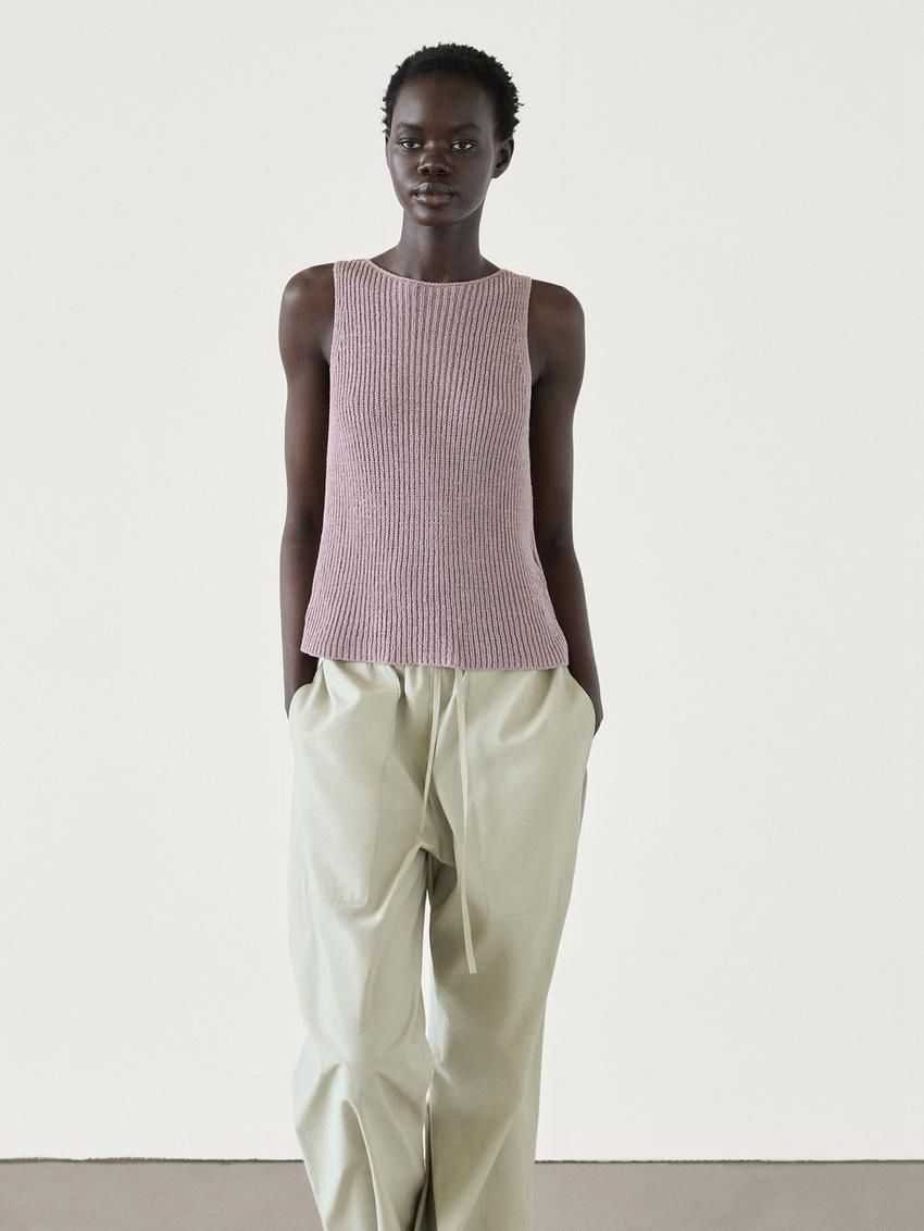 Massimo Dutti Cotton Blend Purl Knit Women Top Light Purple | US-EM7210943