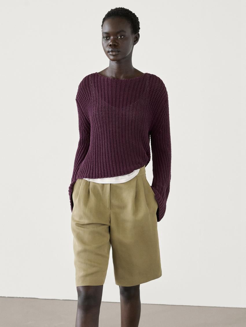 Massimo Dutti Cotton Blend Purl Knit Women Sweater Dark Purple | US-VK4508936