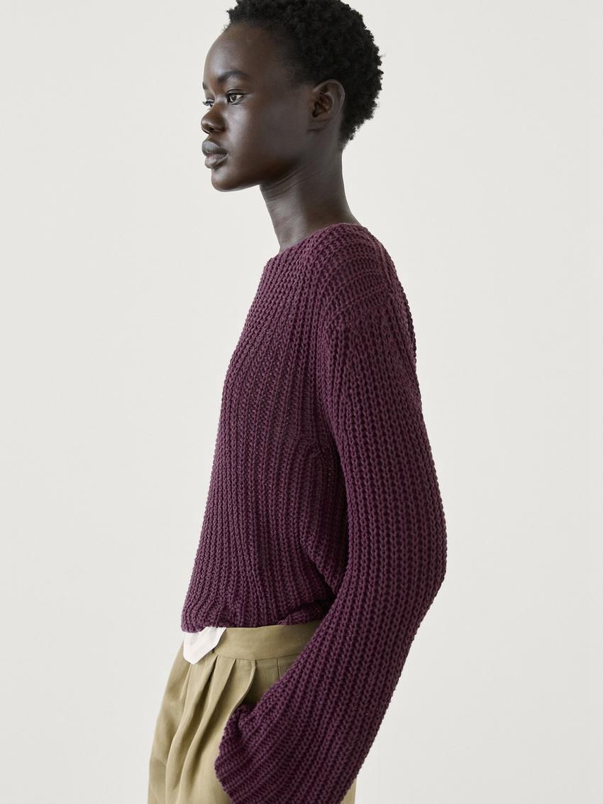 Massimo Dutti Cotton Blend Purl Knit Women Sweater Dark Purple | US-VK4508936