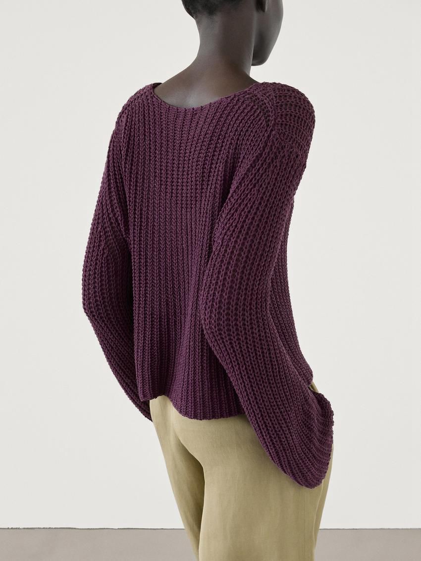 Massimo Dutti Cotton Blend Purl Knit Women Sweater Dark Purple | US-VK4508936