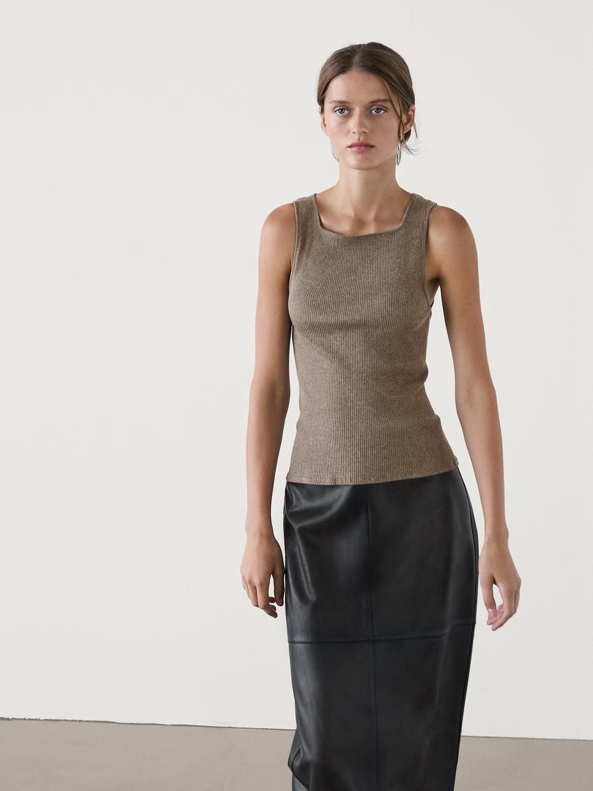 Massimo Dutti Cotton Blend Ribbed Women T-Shirt Brown Beige | US-EO2154860