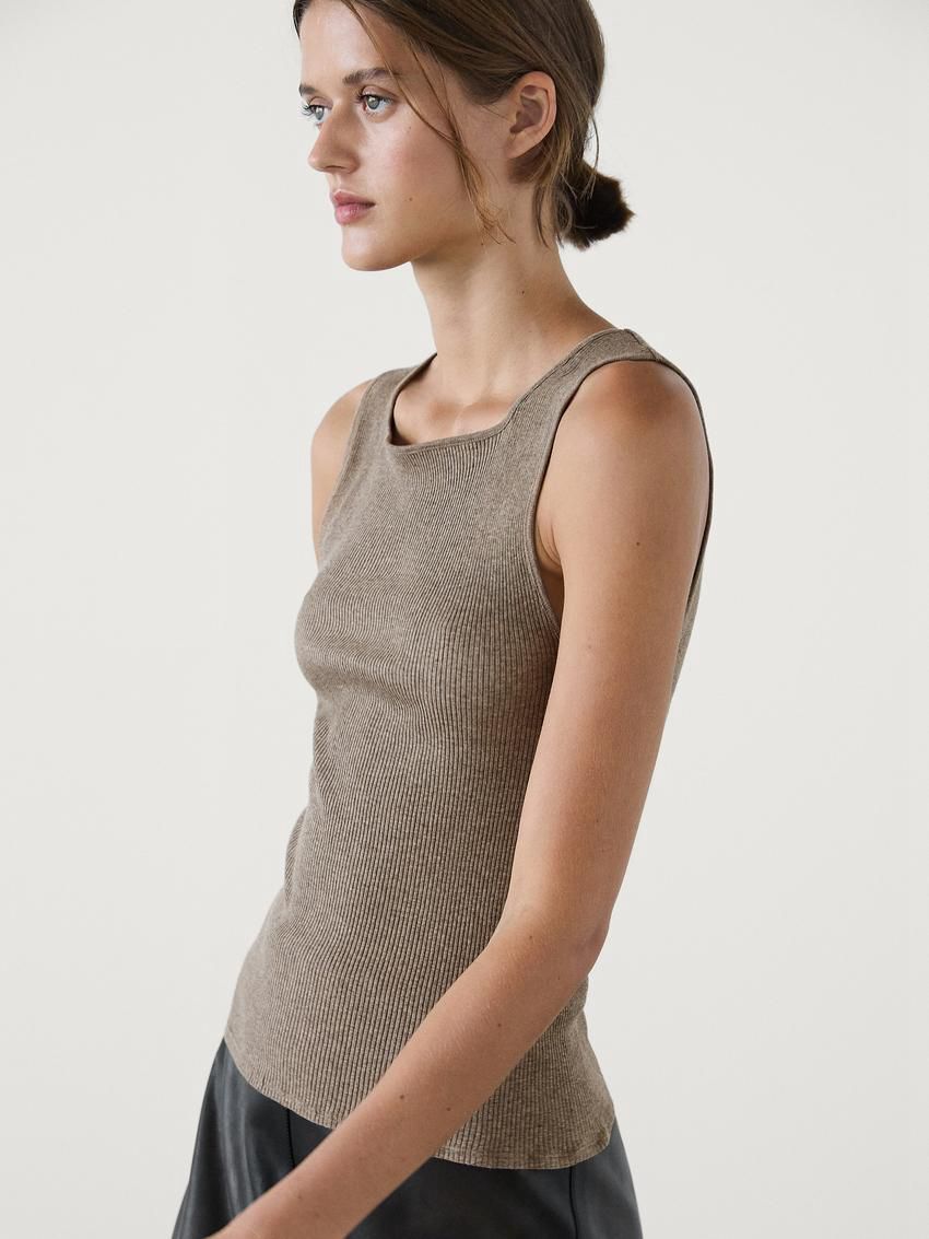Massimo Dutti Cotton Blend Ribbed Women T-Shirt Brown Beige | US-EO2154860
