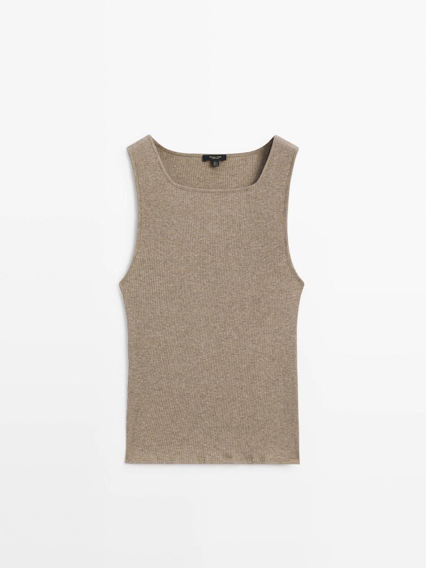 Massimo Dutti Cotton Blend Ribbed Women T-Shirt Brown Beige | US-EO2154860