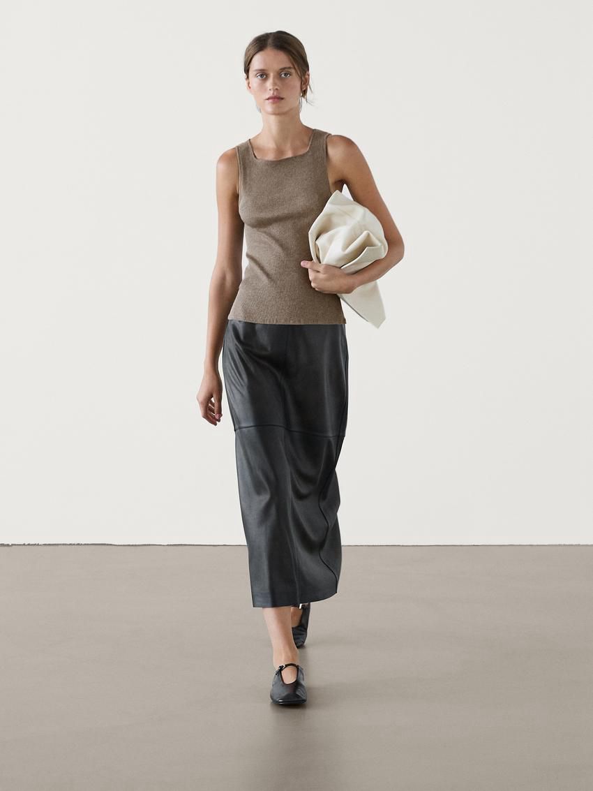 Massimo Dutti Cotton Blend Ribbed Women T-Shirt Brown Beige | US-EO2154860