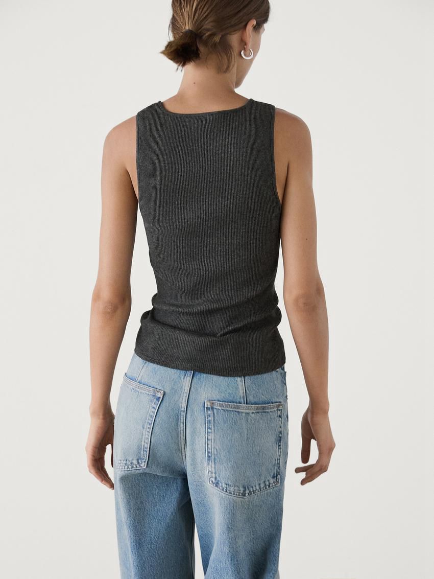 Massimo Dutti Cotton Blend Ribbed Women T-Shirt Black | US-FG5319476