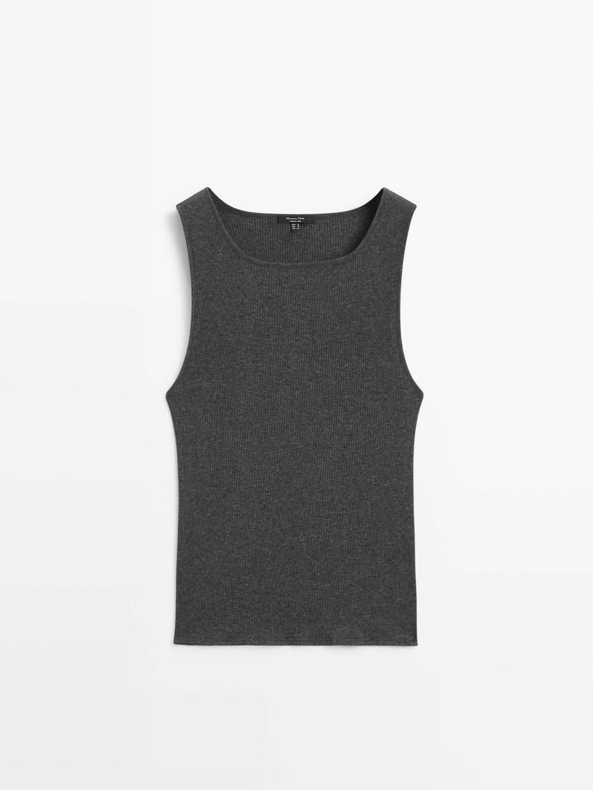 Massimo Dutti Cotton Blend Ribbed Women T-Shirt Black | US-FG5319476