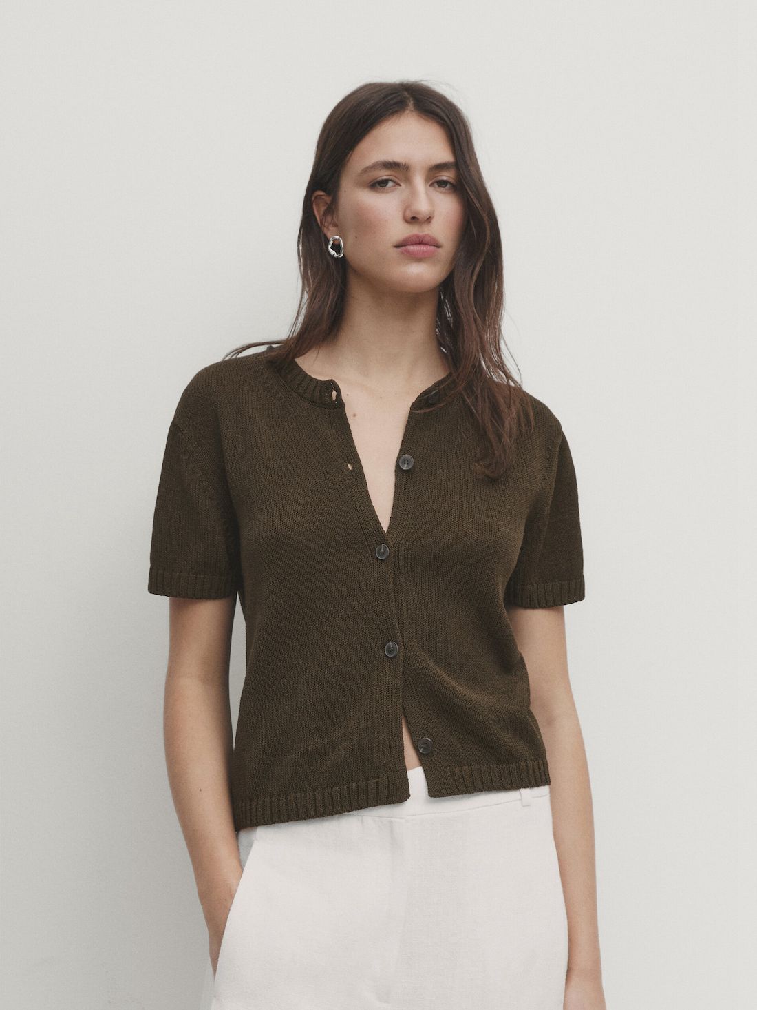 Massimo Dutti Cotton Blend Short Sleeve Women Cardigan Olive | US-BT8239675