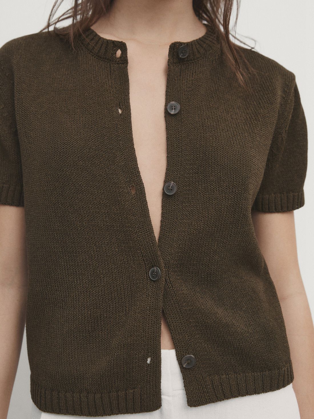 Massimo Dutti Cotton Blend Short Sleeve Women Cardigan Olive | US-BT8239675