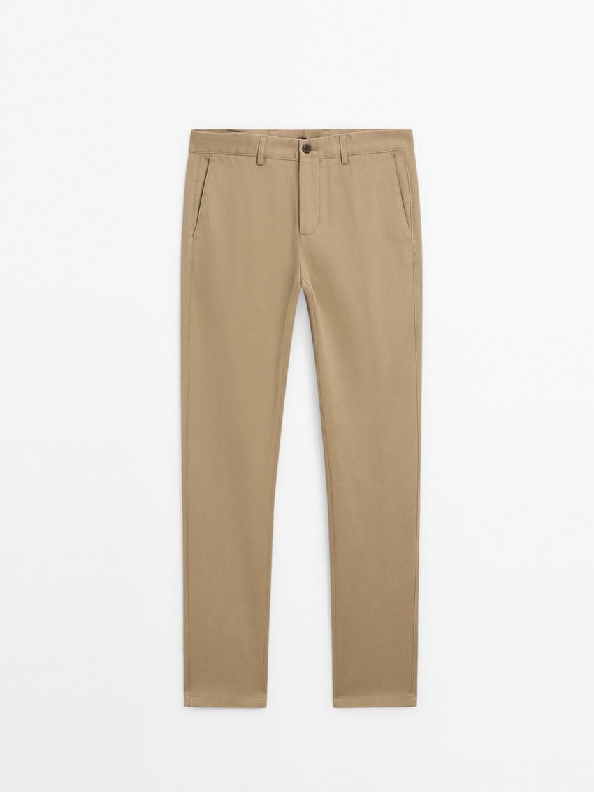 Massimo Dutti Cotton Blend Slim Fit Men Trousers Khaki | US-PI3628975