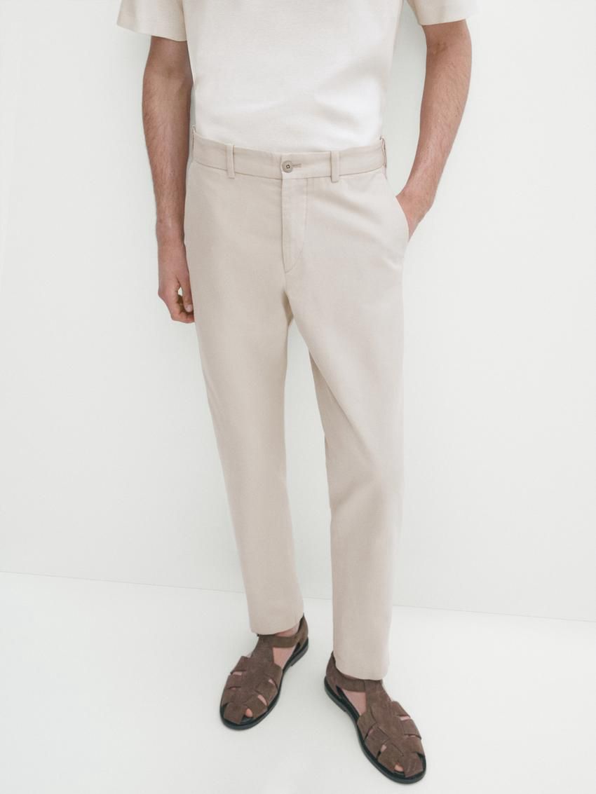 Massimo Dutti Cotton Blend Slim Fit Men Trousers Beige | US-ZC5120467