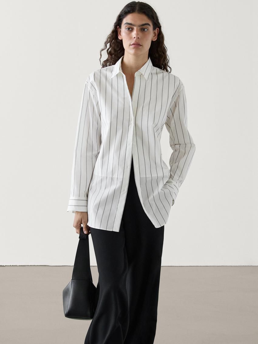 Massimo Dutti Cotton Blend Striped Oversize Women Blouse White | US-KS2906315