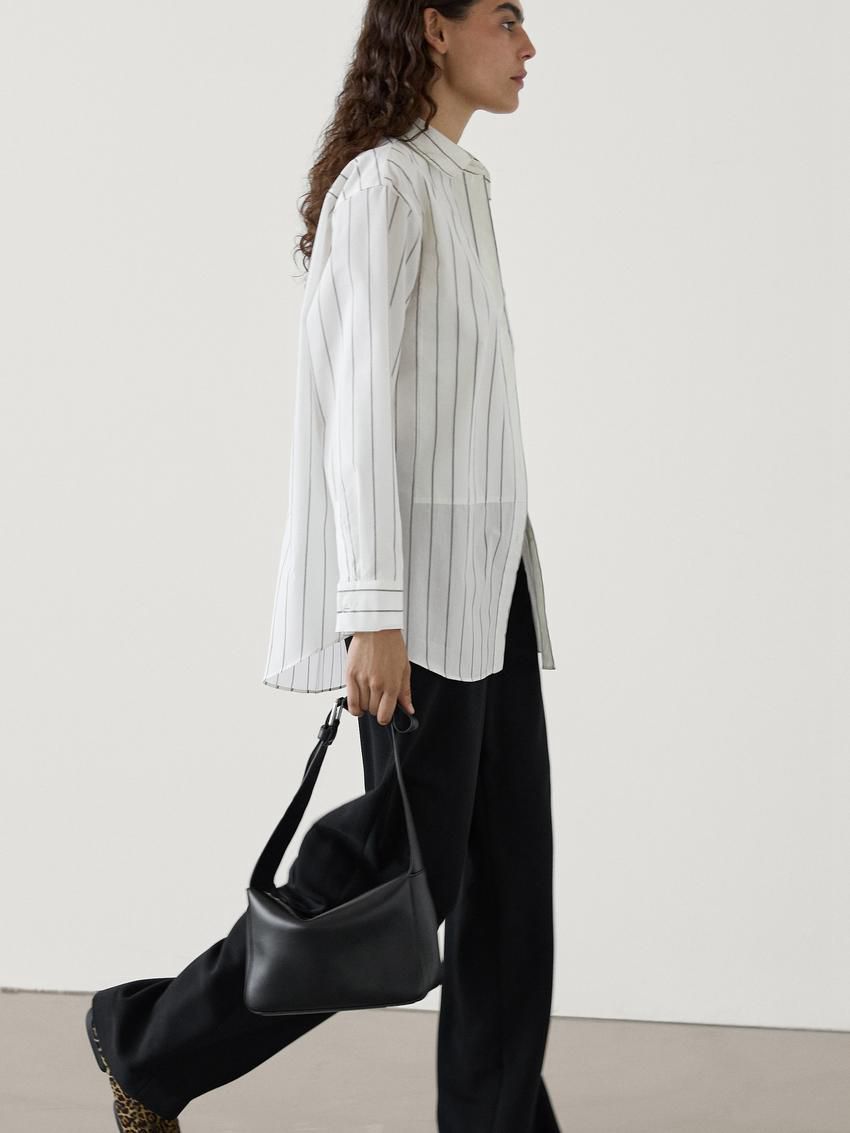 Massimo Dutti Cotton Blend Striped Oversize Women Blouse White | US-KS2906315