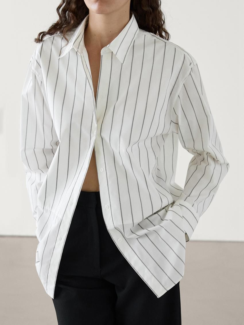 Massimo Dutti Cotton Blend Striped Oversize Women Blouse White | US-KS2906315